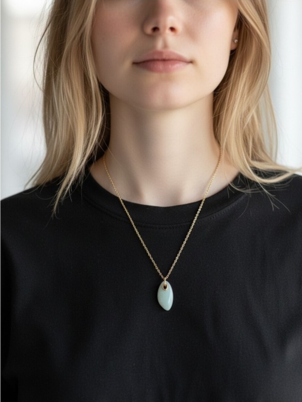 Gold Chain Necklace with Light Blue Pendant 14k Gold Dipped Amazonite Stone NWT